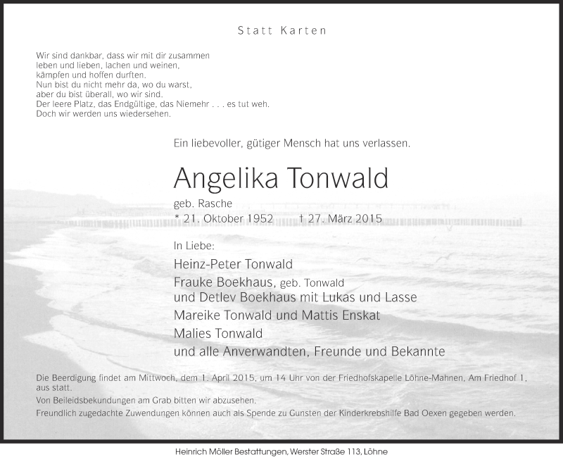  Traueranzeige für Angelika Tonwald vom 30.03.2015 aus Neue Westfälische