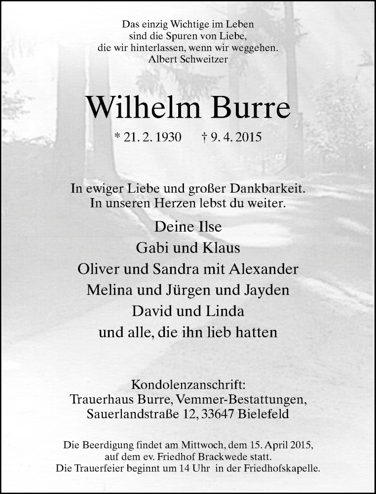  Traueranzeige für Wilhelm Burre vom 11.04.2015 aus Neue Westfälische