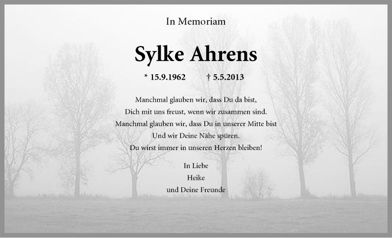  Traueranzeige für Sylke Ahrens vom 03.05.2014 aus Neue Westfälische