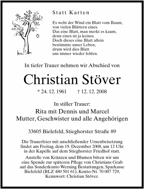  Traueranzeige für Christian Stöver vom 16.12.2008 aus Neue Westfälische
