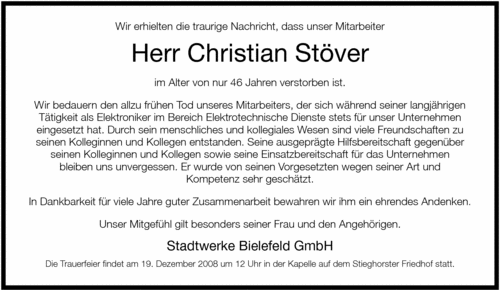  Traueranzeige für Christian Stöver vom 16.12.2008 aus Neue Westfälische