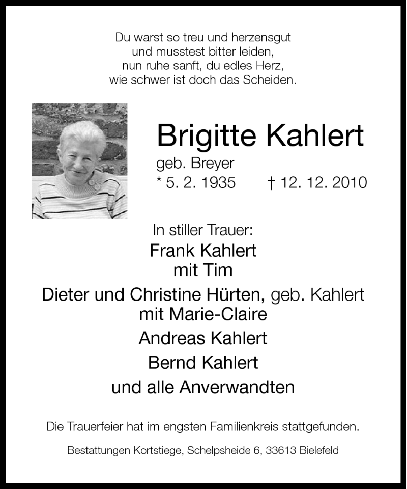  Traueranzeige für Brigitte Kahlert vom 18.12.2010 aus Neue Westfälische