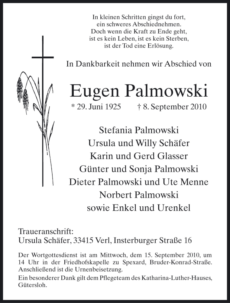  Traueranzeige für Eugen Palmowski vom 10.09.2010 aus Neue Westfälische