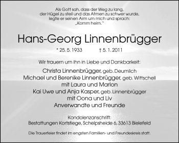 Traueranzeige von Hans-Georg Linnenbrügger von Neue Westfälische