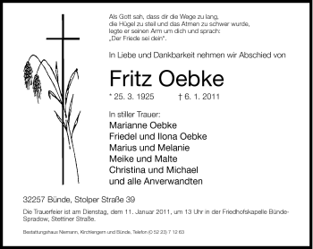 Traueranzeige von Fritz Oebke von Neue Westfälische