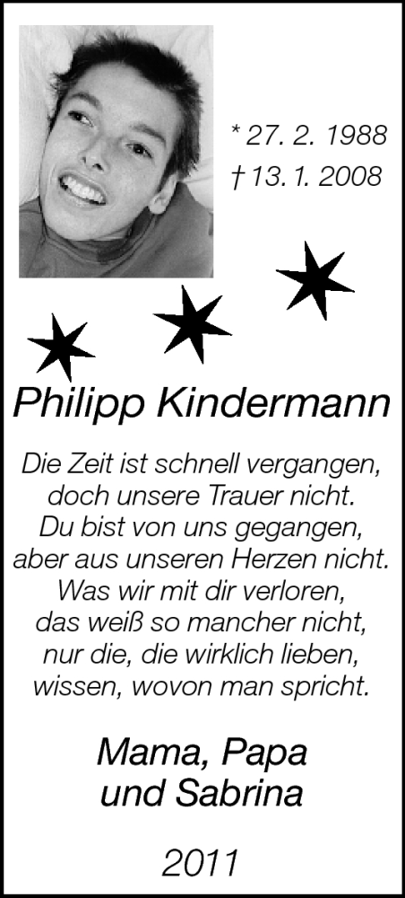  Traueranzeige für Philipp Kindermann vom 13.01.2011 aus Neue Westfälische