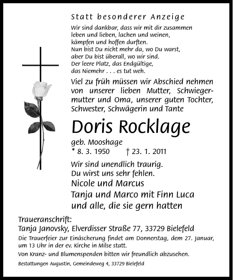  Traueranzeige für Doris Rocklage vom 25.01.2011 aus Neue Westfälische