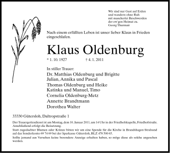 Traueranzeige von Klaus Oldenburg von Neue Westfälische