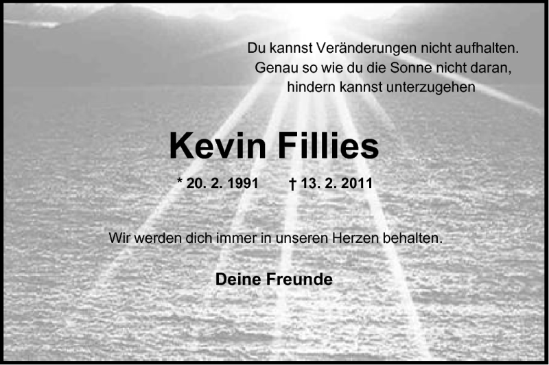  Traueranzeige für Kevin Fillies vom 16.02.2011 aus Neue Westfälische