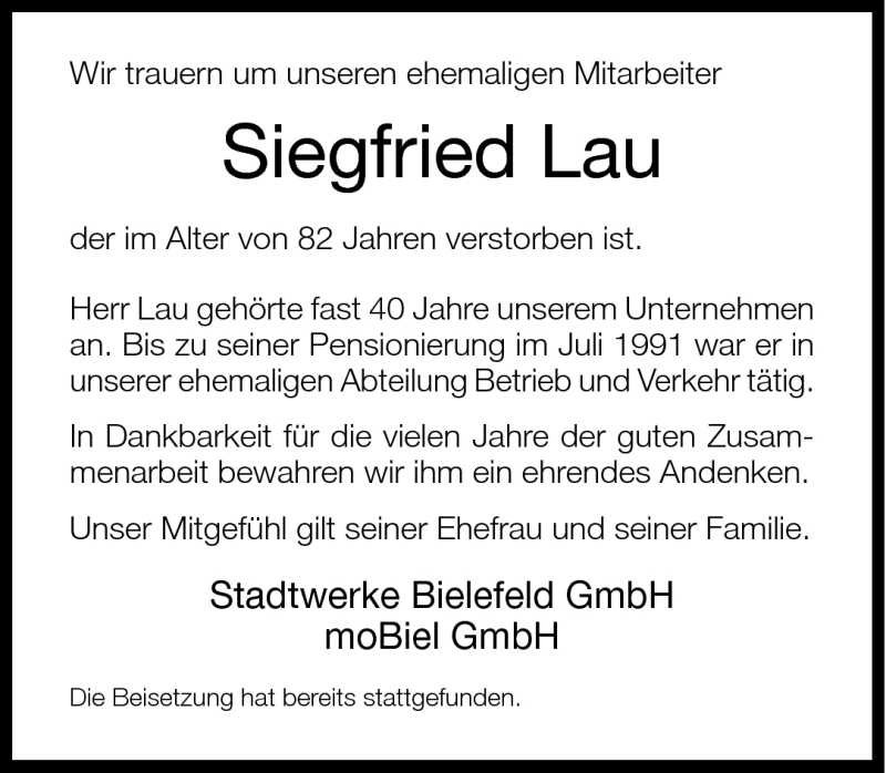  Traueranzeige für Siegfried Lau vom 21.02.2011 aus Neue Westfälische