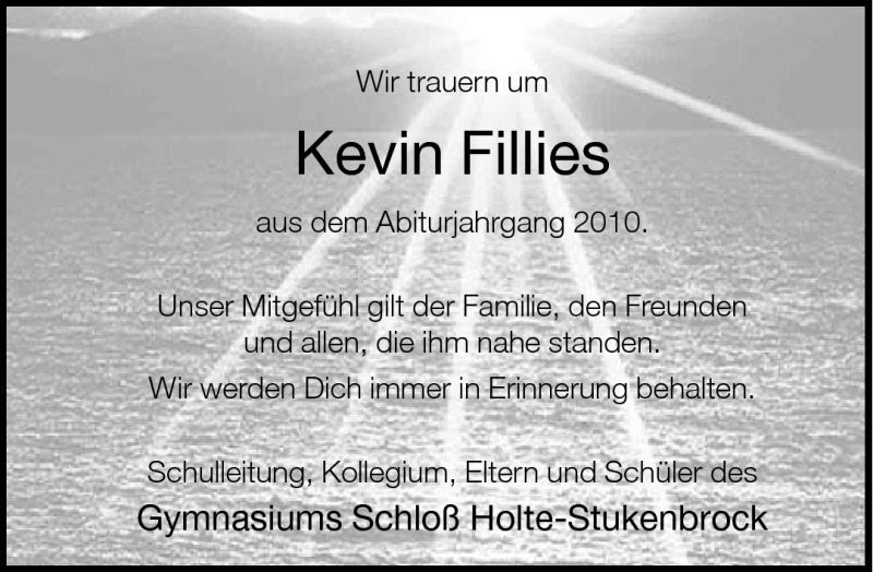  Traueranzeige für Kevin Fillies vom 19.02.2011 aus Neue Westfälische
