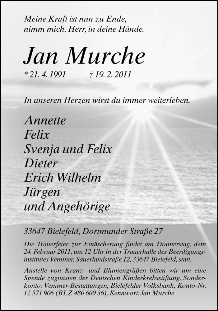 Traueranzeige für Jan Murche vom 21.02.2011 aus Neue Westfälische