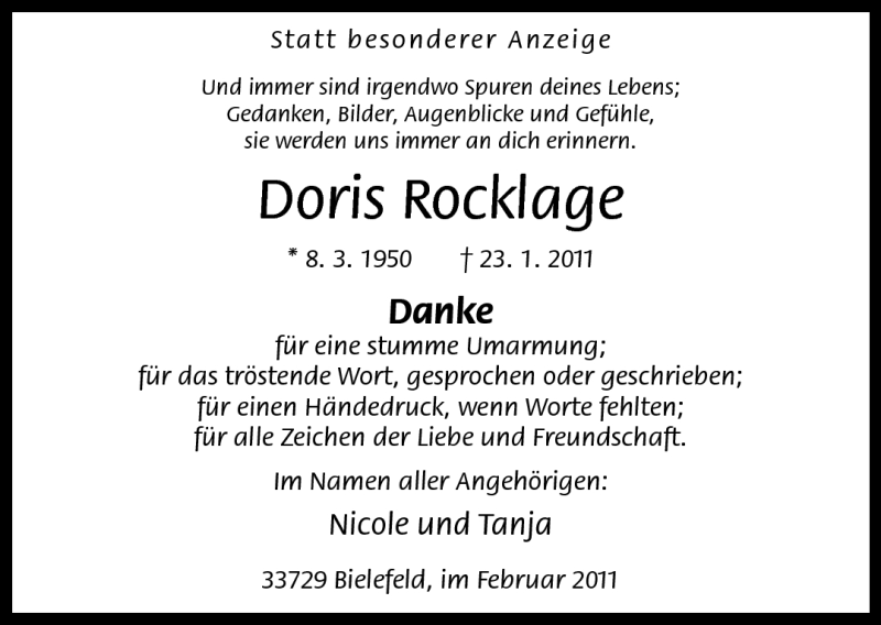  Traueranzeige für Doris Rocklage vom 26.02.2011 aus Neue Westfälische