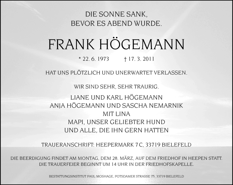  Traueranzeige für Frank Högemann vom 23.03.2011 aus Neue Westfälische