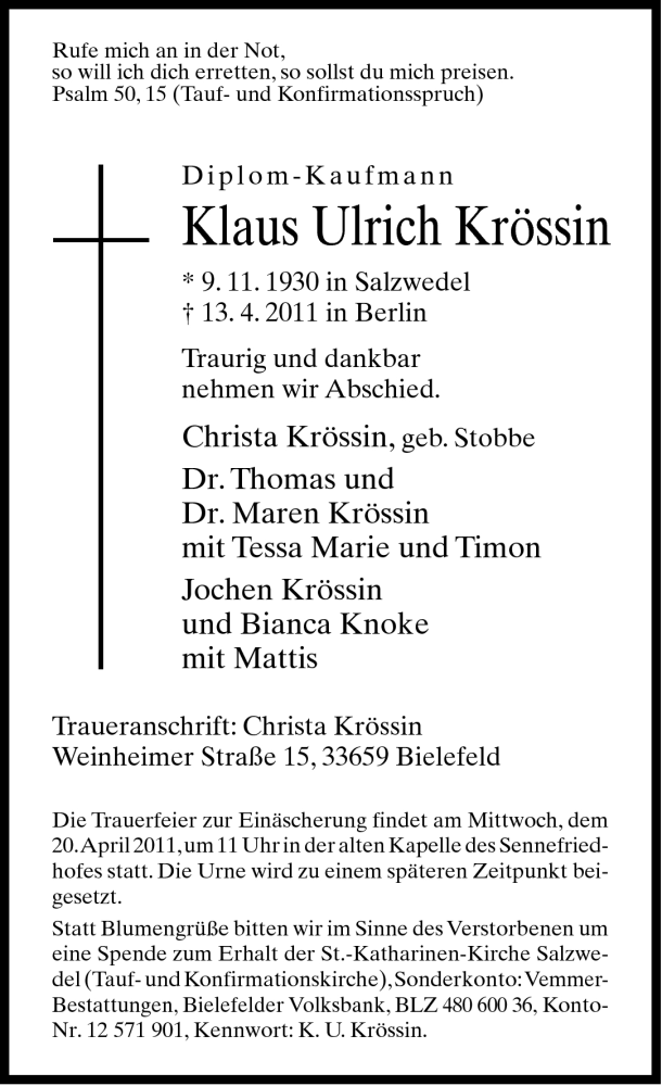  Traueranzeige für Klaus Ulrich  Krössin vom 16.04.2011 aus Neue Westfälische