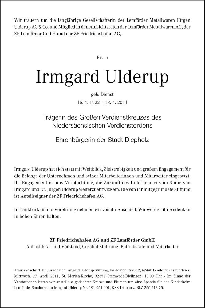  Traueranzeige für Irmgard Ulderup vom 21.04.2011 aus Neue Westfälische