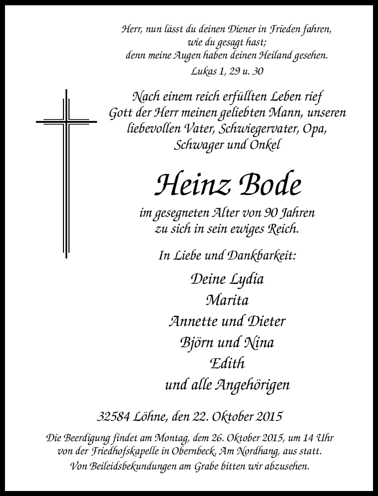  Traueranzeige für Heinz Bode vom 24.10.2015 aus Neue Westfälische