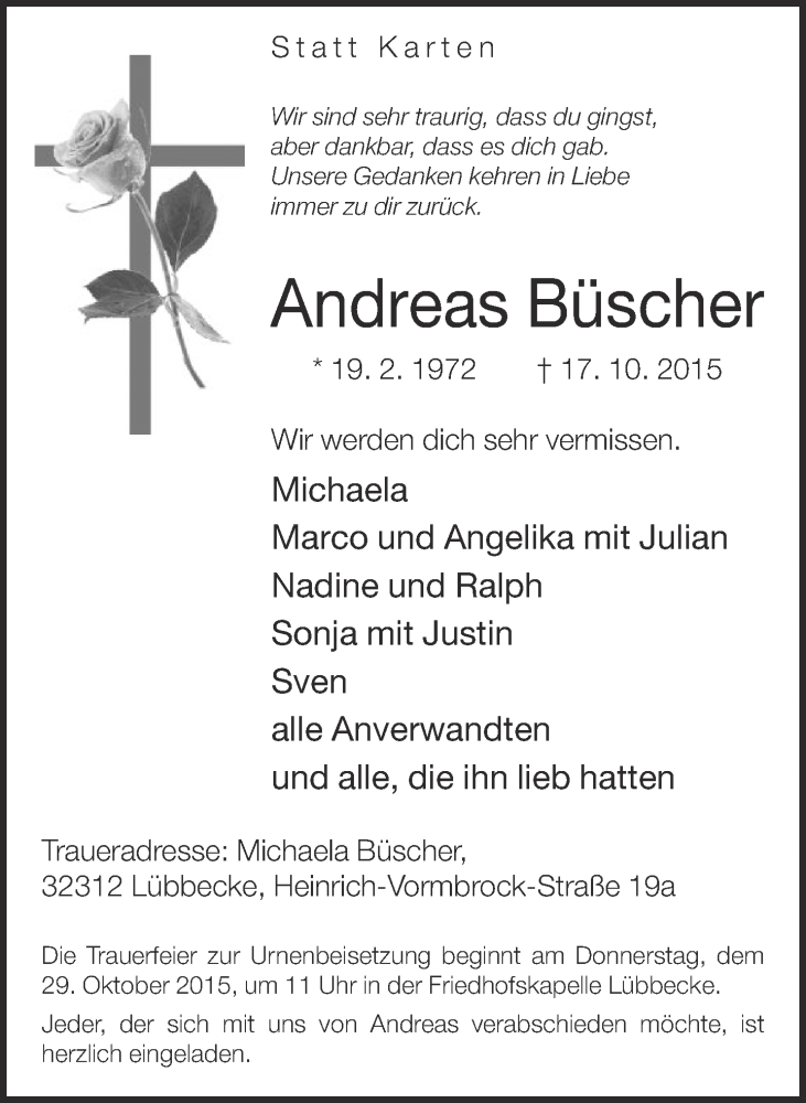  Traueranzeige für Andreas Büscher vom 24.10.2015 aus Neue Westfälische
