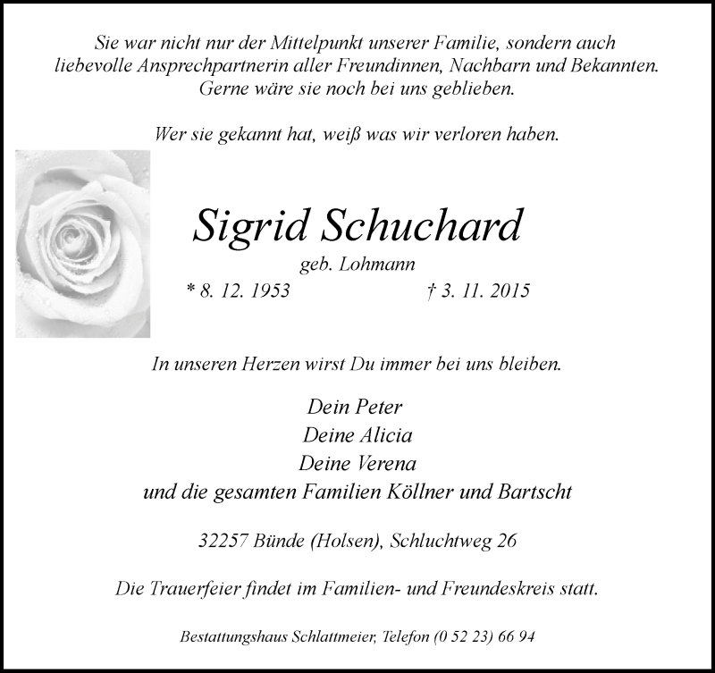  Traueranzeige für Sigrid Schuchard vom 07.11.2015 aus Neue Westfälische