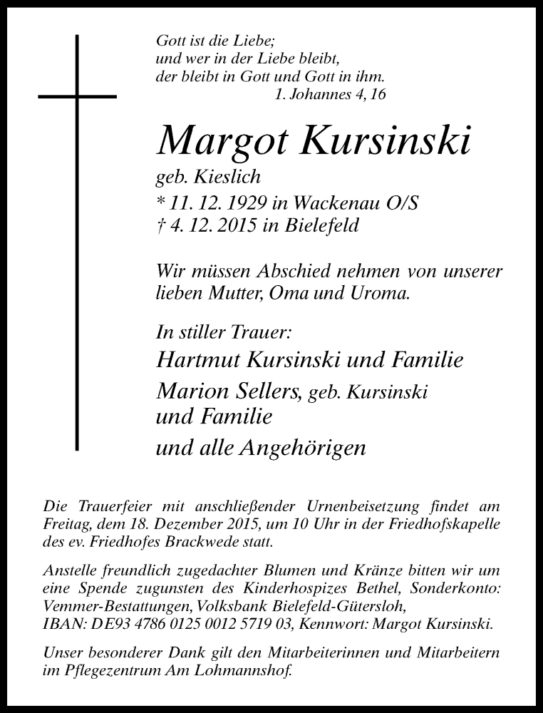  Traueranzeige für Margot Kursinski vom 12.12.2015 aus Neue Westfälische