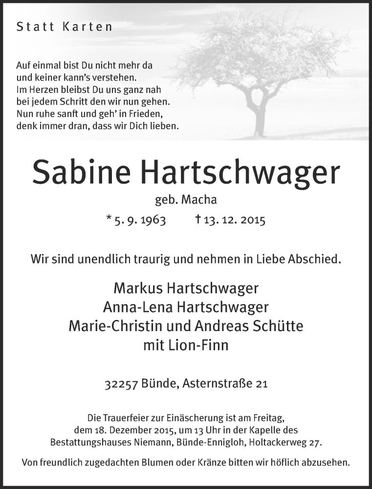  Traueranzeige für Sabine Hartschwager vom 16.12.2015 aus Neue Westfälische