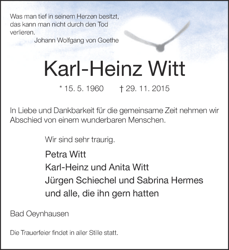  Traueranzeige für Karl-Heinz Witt vom 02.12.2015 aus Neue Westfälische