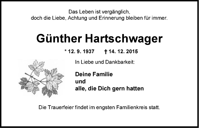  Traueranzeige für Günther Hartschwager vom 18.12.2015 aus Neue Westfälische