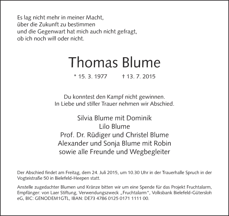  Traueranzeige für Thomas Blume vom 18.07.2015 aus Neue Westfälische
