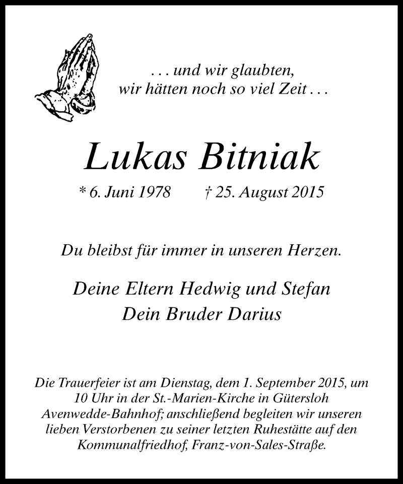  Traueranzeige für Lukas Bitniak vom 28.08.2015 aus Neue Westfälische