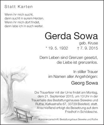 Traueranzeige von Gerda Sowa