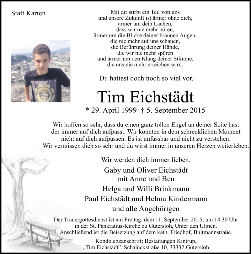  Traueranzeige für Tim Eichstädt vom 08.09.2015 aus Neue Westfälische