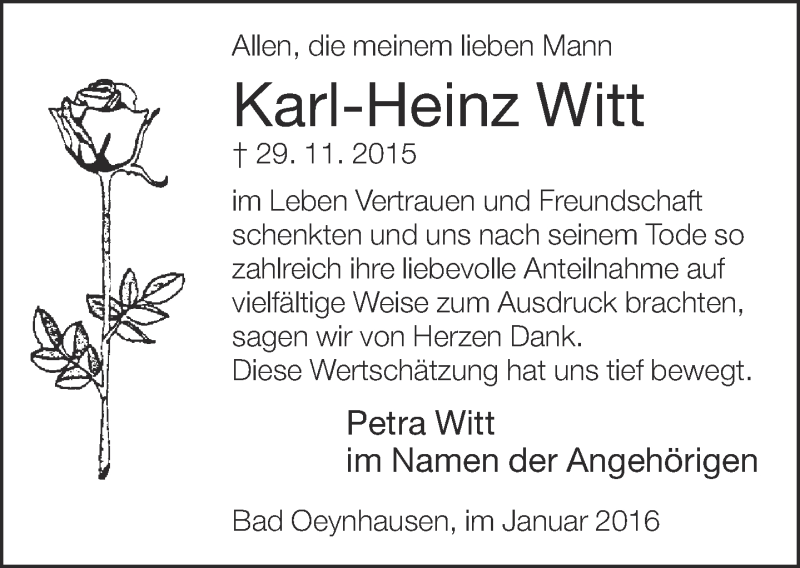  Traueranzeige für Karl-Heinz Witt vom 09.01.2016 aus Neue Westfälische