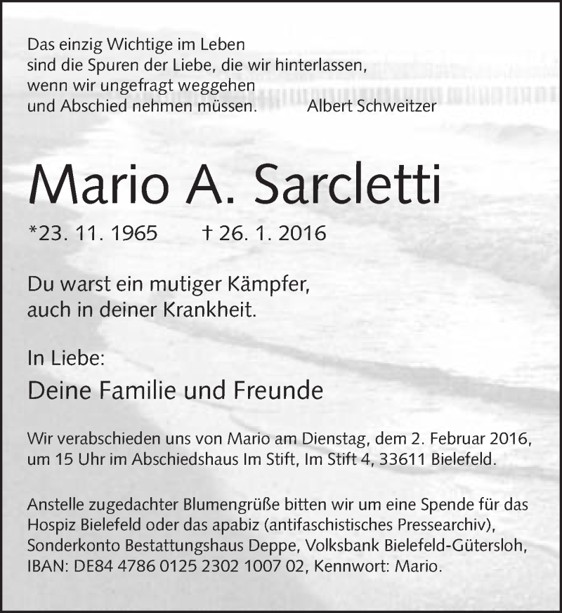  Traueranzeige für Mario Sarcletti vom 30.01.2016 aus Neue Westfälische