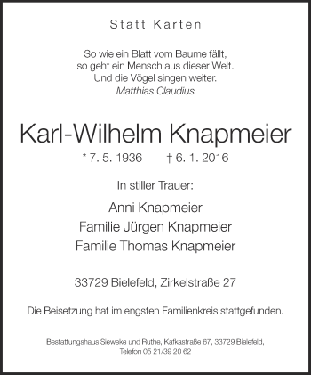 Traueranzeige von Karl-Wilhelm Knapmeier