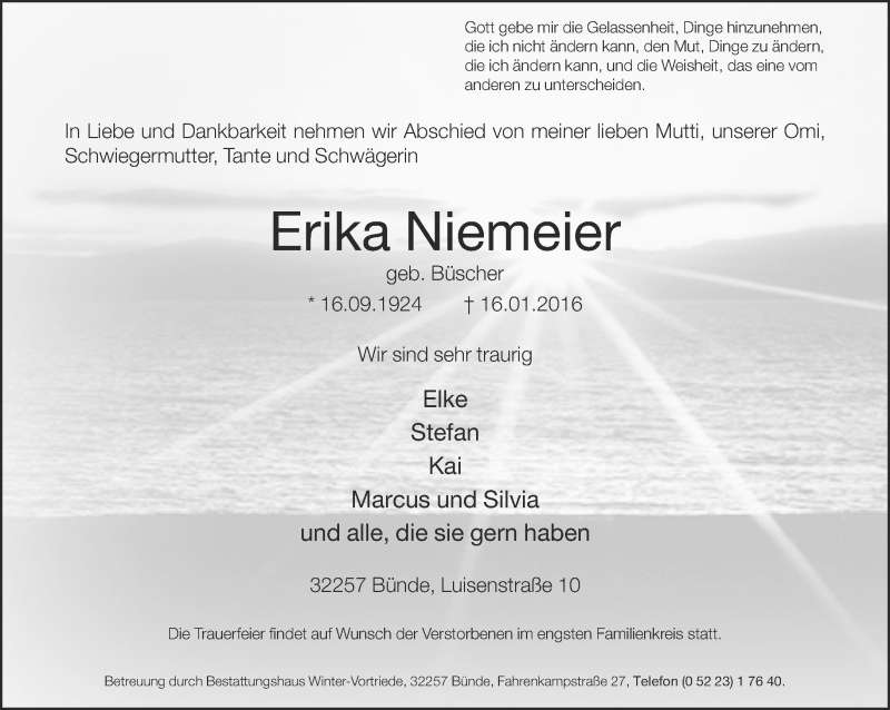  Traueranzeige für Erika Niemeier vom 23.01.2016 aus Neue Westfälische
