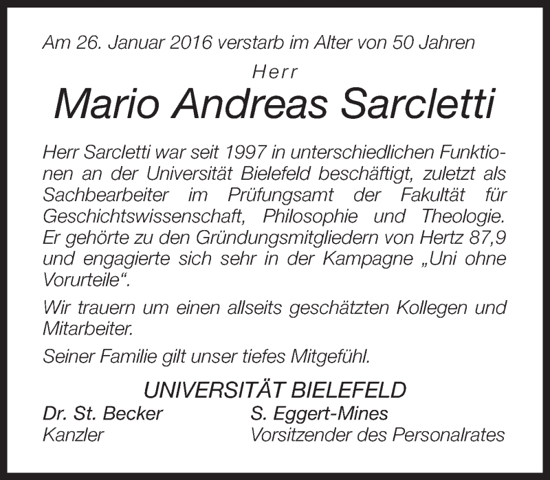  Traueranzeige für Mario Sarcletti vom 30.01.2016 aus Neue Westfälische