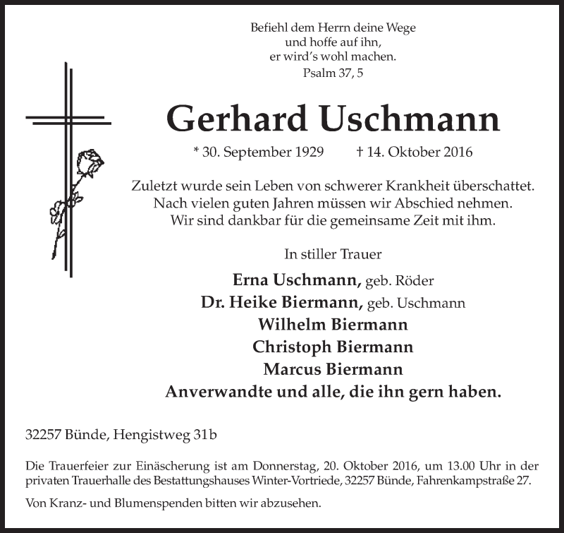  Traueranzeige für Gerhard Uschmann vom 17.10.2016 aus Neue Westfälische