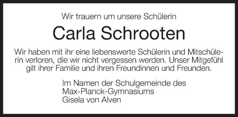  Traueranzeige für Carla Schrooten vom 15.10.2016 aus Neue Westfälische