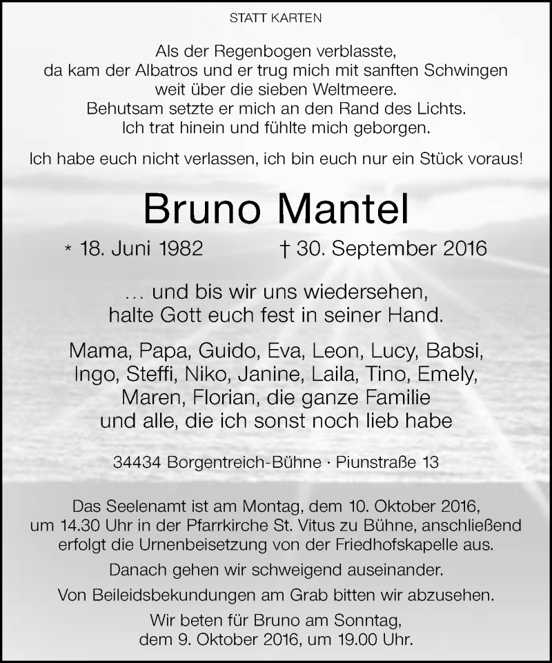  Traueranzeige für Bruno Mantel vom 07.10.2016 aus Neue Westfälische