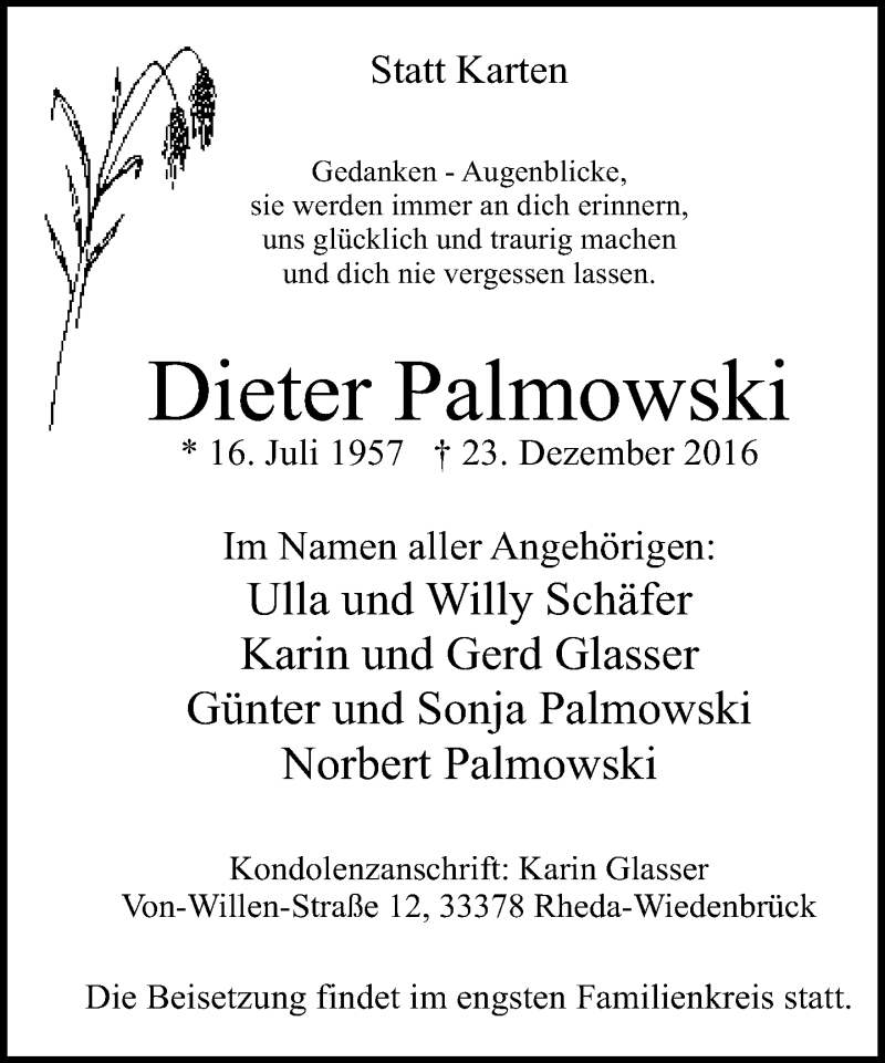  Traueranzeige für Dieter Palmowski vom 30.12.2016 aus Neue Westfälische