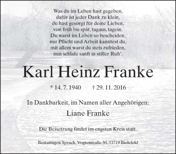 Traueranzeige von Karl Heinz Franke