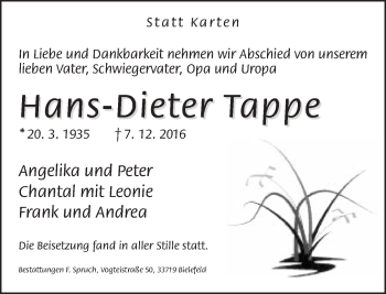 Traueranzeige von Hans-Dieter Tappe