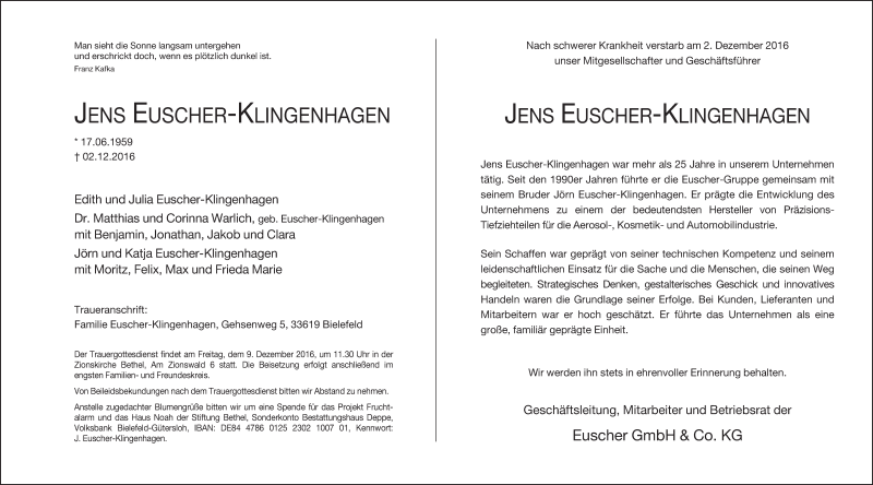  Traueranzeige für Jens Euscher-Klingenhagen vom 06.12.2016 aus Neue Westfälische