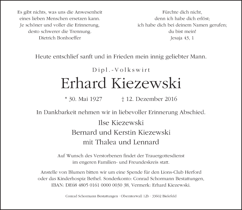 Traueranzeige für Erhard Kiezewski vom 14.12.2016 aus Neue Westfälische