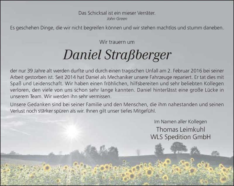  Traueranzeige für Daniel Straßberger vom 06.02.2016 aus Neue Westfälische