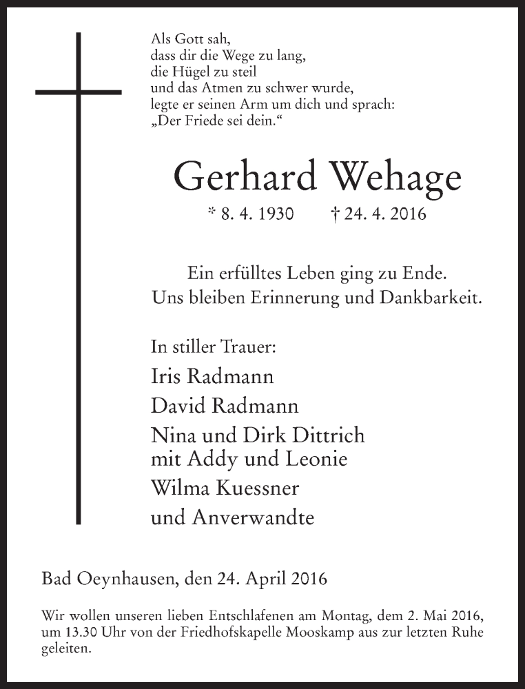  Traueranzeige für Gerhard Wehage vom 28.04.2016 aus Neue Westfälische