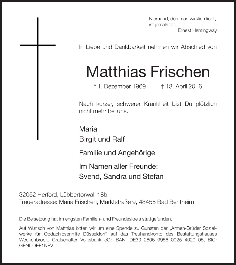  Traueranzeige für Matthias Frischen vom 19.04.2016 aus Neue Westfälische