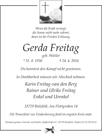 Traueranzeige von Gerda Freitag