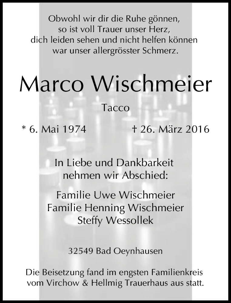  Traueranzeige für Marco Wischmeier vom 07.04.2016 aus Neue Westfälische