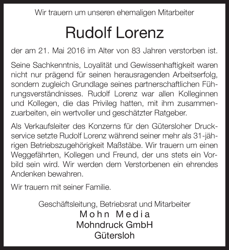  Traueranzeige für Rudolf Lorenz vom 26.05.2016 aus Neue Westfälische